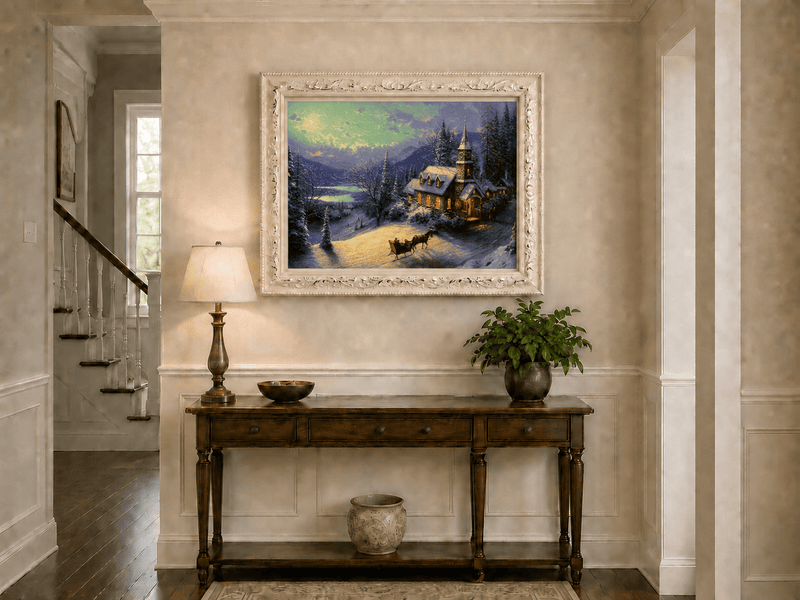 Peinture à l'huile de paysage - Chalet sous une église enneigée au clair de lune avec luge