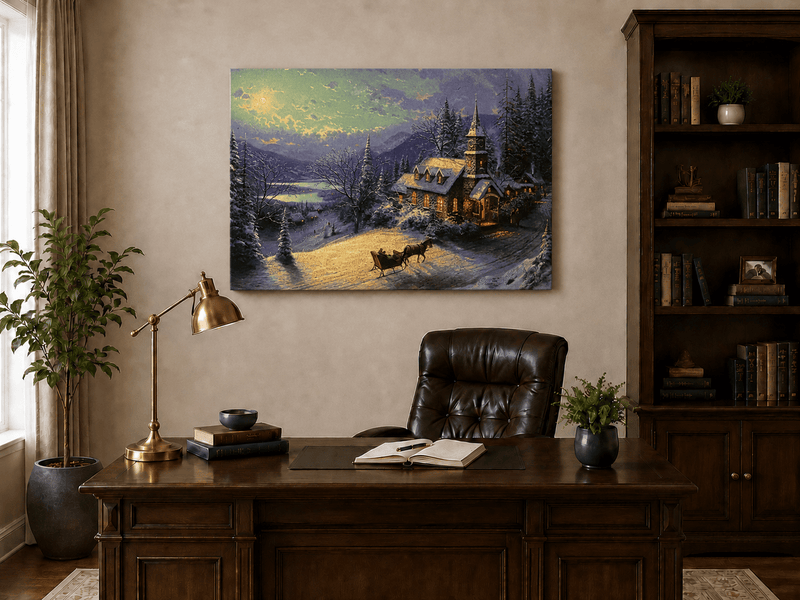 Peinture à l'huile de paysage - Chalet sous une église enneigée au clair de lune avec luge