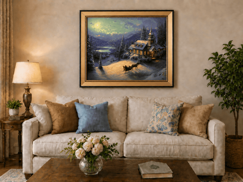 Peinture à l'huile de paysage - Chalet sous une église enneigée au clair de lune avec luge