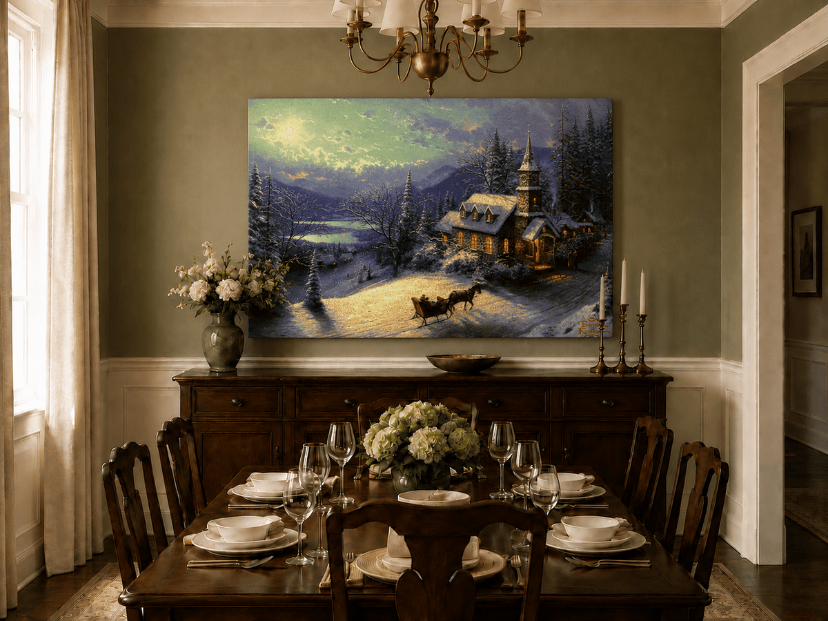 Peinture à l'huile de paysage - Chalet sous une église enneigée au clair de lune avec luge