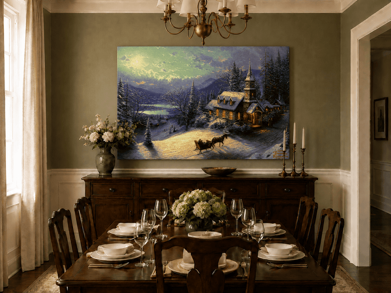 Peinture à l'huile de paysage - Chalet sous une église enneigée au clair de lune avec luge