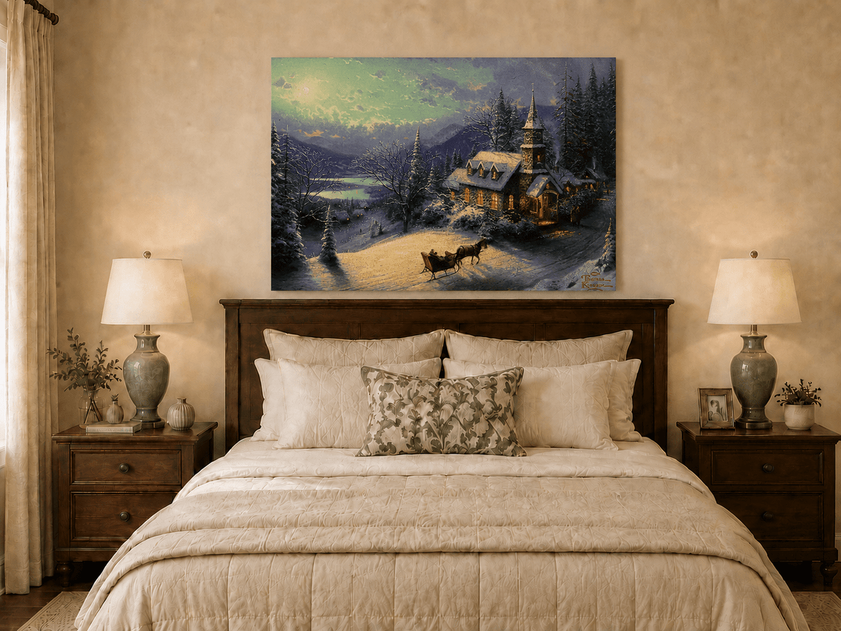 Peinture à l'huile de paysage - Chalet sous une église enneigée au clair de lune avec luge