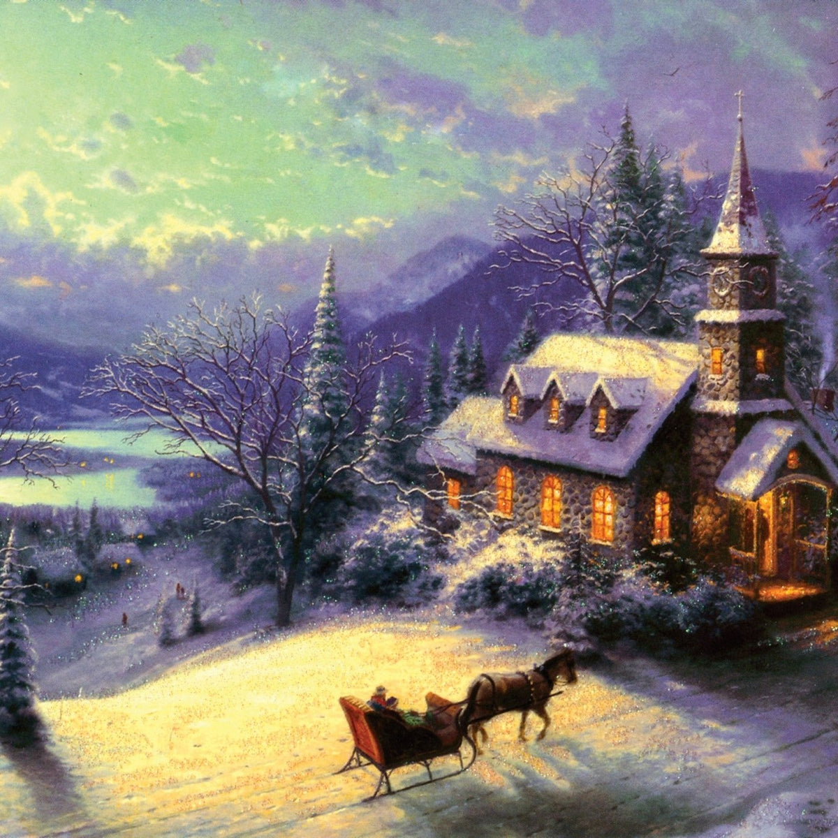 Landscape Oil Painting - Snowy Moonlit Church Cottage with Sled - Oil Painting Haven