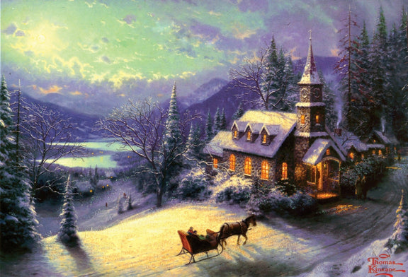 Landscape Oil Painting - Snowy Moonlit Church Cottage with Sled - Oil Painting Haven
