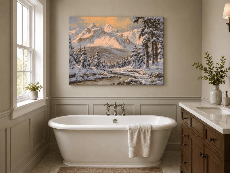 Landscape Oil Painting - Snowy Mountain Forest at Sunrise