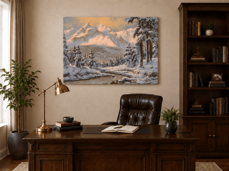 Landscape Oil Painting - Snowy Mountain Forest at Sunrise