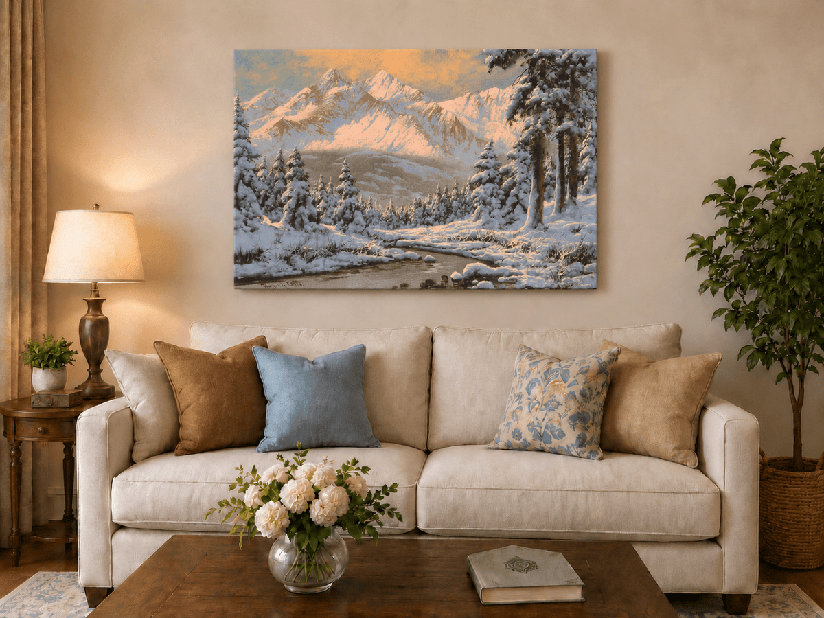 Landscape Oil Painting - Snowy Mountain Forest at Sunrise