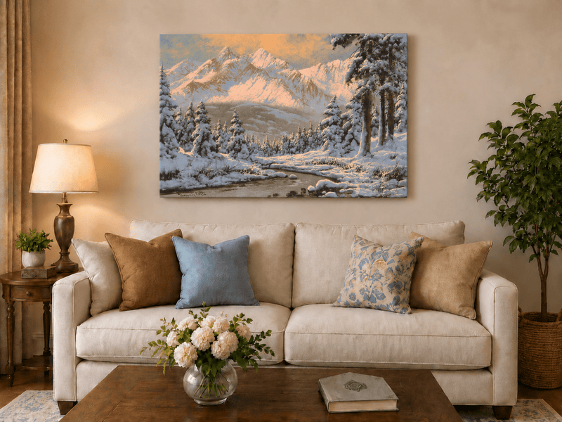 Landscape Oil Painting - Snowy Mountain Forest at Sunrise