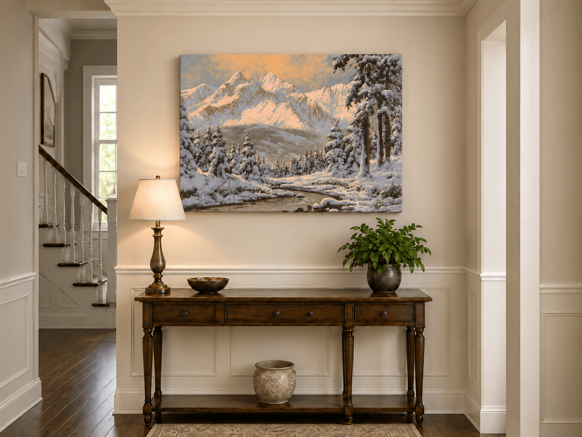 Landscape Oil Painting - Snowy Mountain Forest at Sunrise