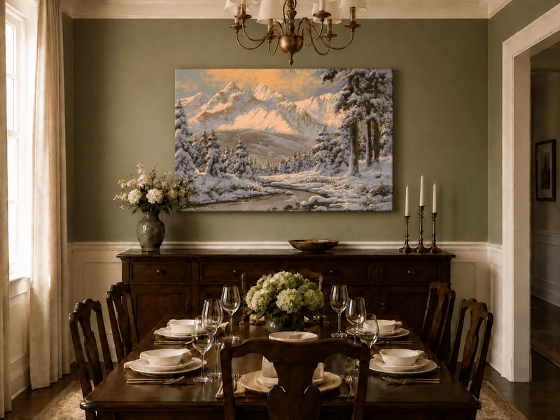Landscape Oil Painting - Snowy Mountain Forest at Sunrise