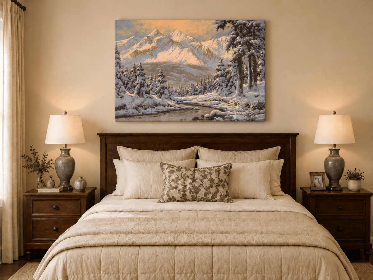 Landscape Oil Painting - Snowy Mountain Forest at Sunrise