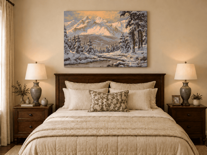 Landscape Oil Painting - Snowy Mountain Forest at Sunrise