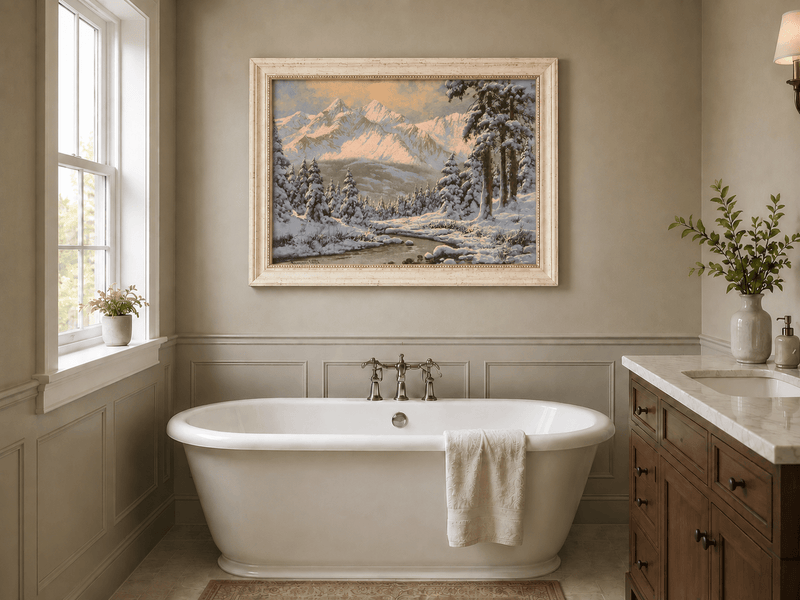 Landscape Oil Painting - Snowy Mountain Forest at Sunrise