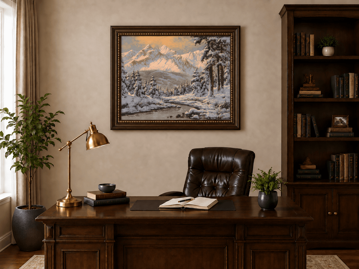Landscape Oil Painting - Snowy Mountain Forest at Sunrise