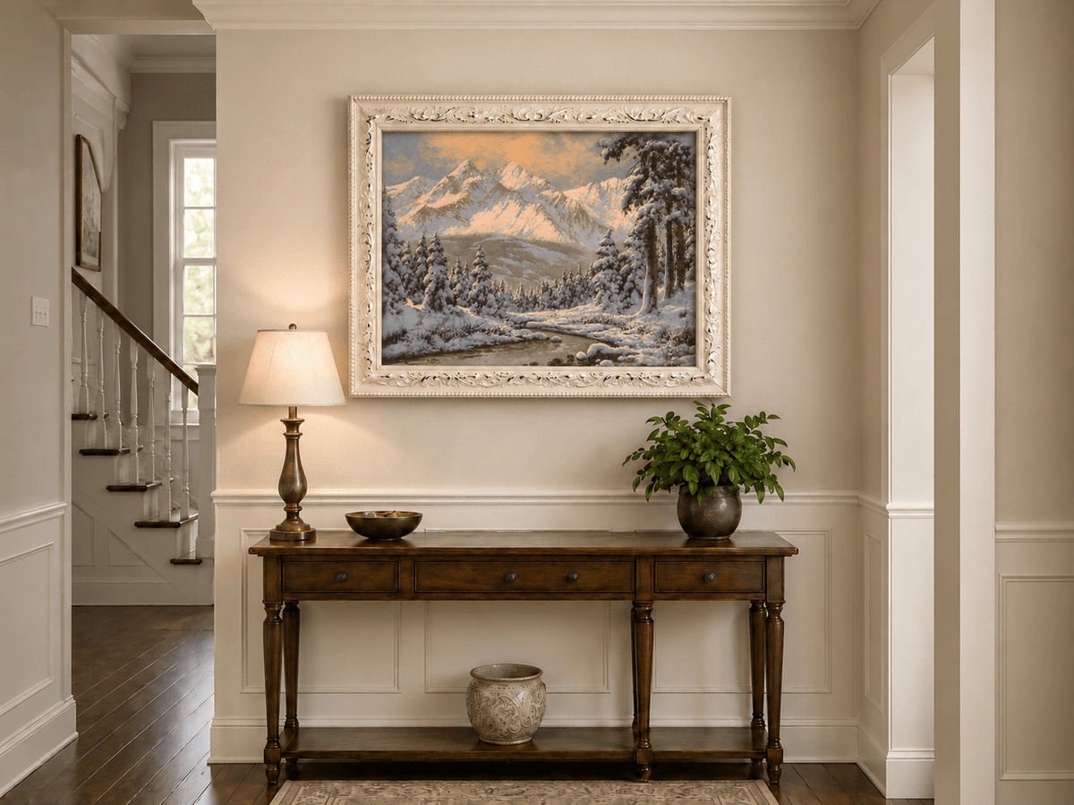 Landscape Oil Painting - Snowy Mountain Forest at Sunrise