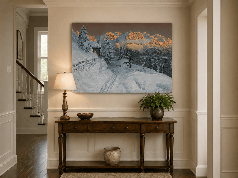 Peinture à l'huile de paysage - Cabane de montagne enneigée avec traces