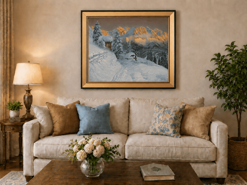 Peinture à l'huile de paysage - Cabane de montagne enneigée avec traces