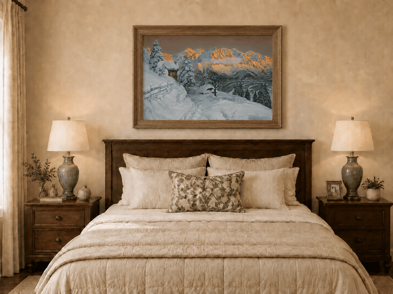 Peinture à l'huile de paysage - Cabane de montagne enneigée avec traces