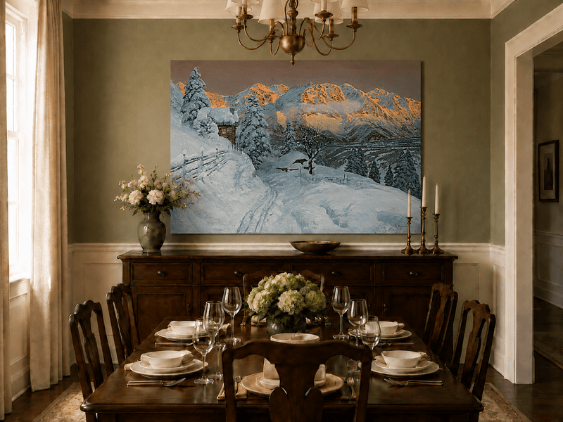 Peinture à l'huile de paysage - Cabane de montagne enneigée avec traces