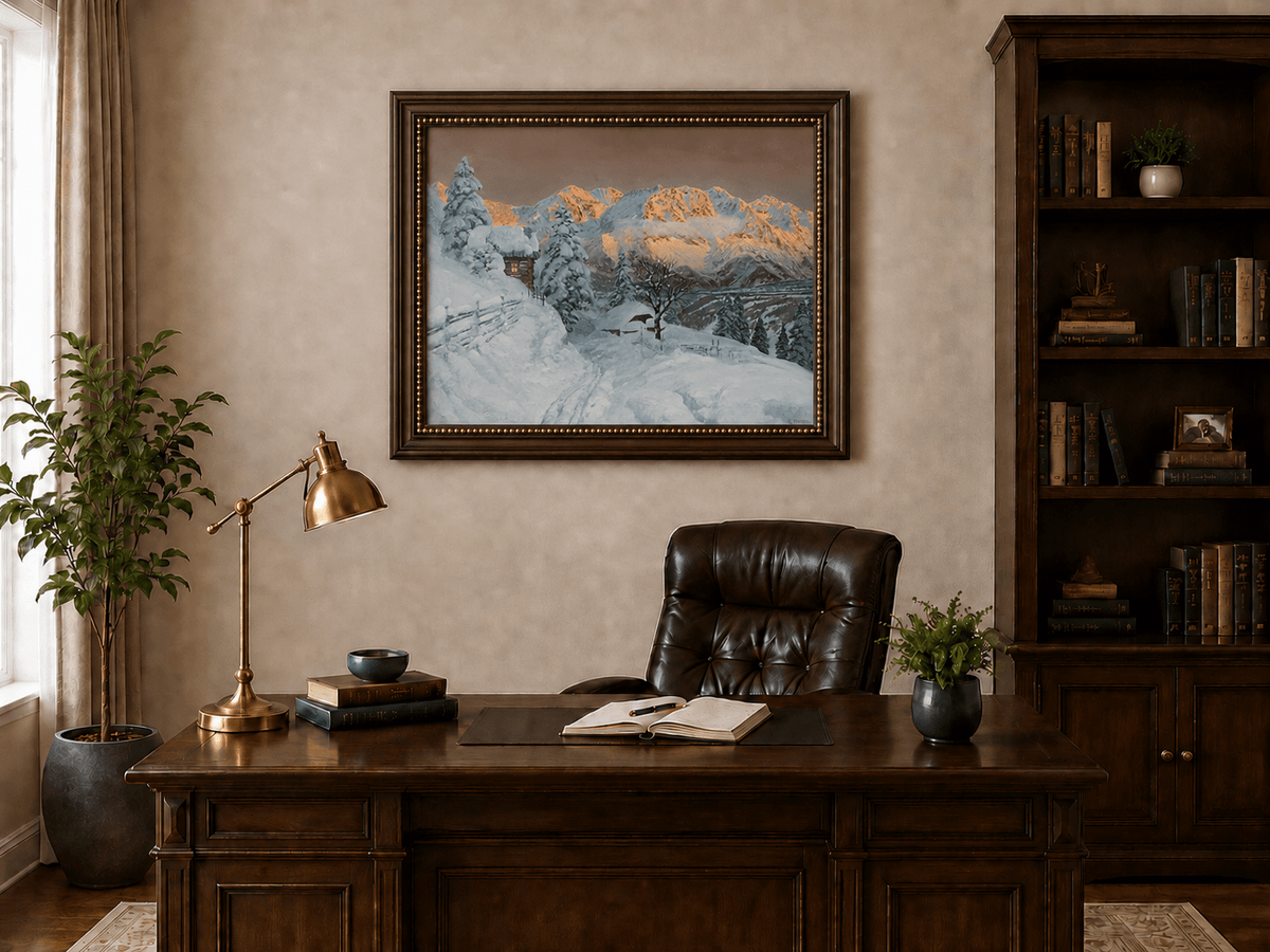 Peinture à l'huile de paysage - Cabane de montagne enneigée avec traces