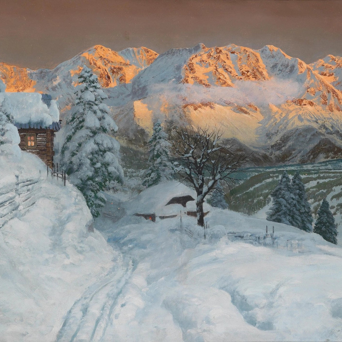 Landscape Oil Painting - Snowy Mountain Hut with Tracks - Oil Painting Haven