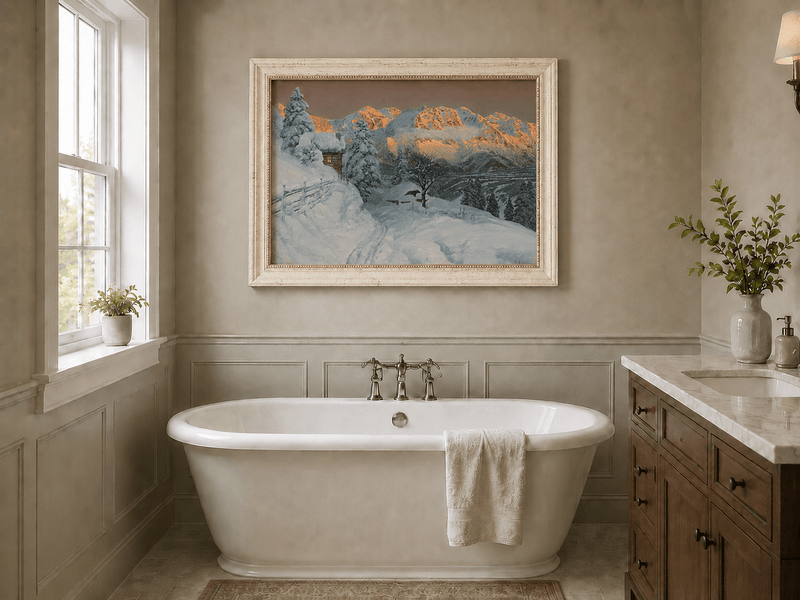 Peinture à l'huile de paysage - Cabane de montagne enneigée avec traces