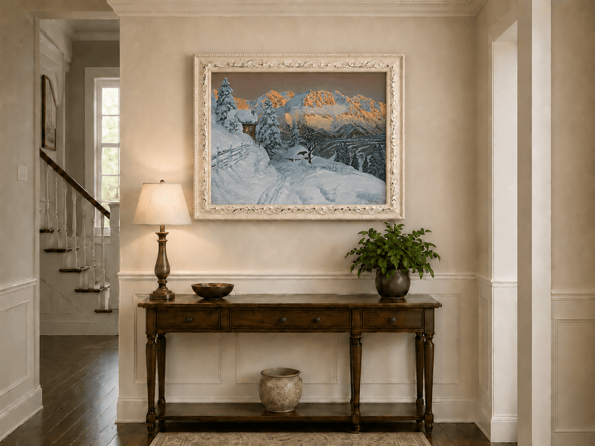 Peinture à l'huile de paysage - Cabane de montagne enneigée avec traces