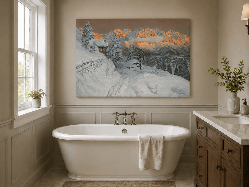 Peinture à l'huile de paysage - Cabane de montagne enneigée avec traces