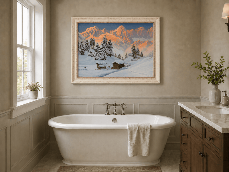 Peinture à l'huile de paysage - Cabanes de montagne enneigées au coucher du soleil