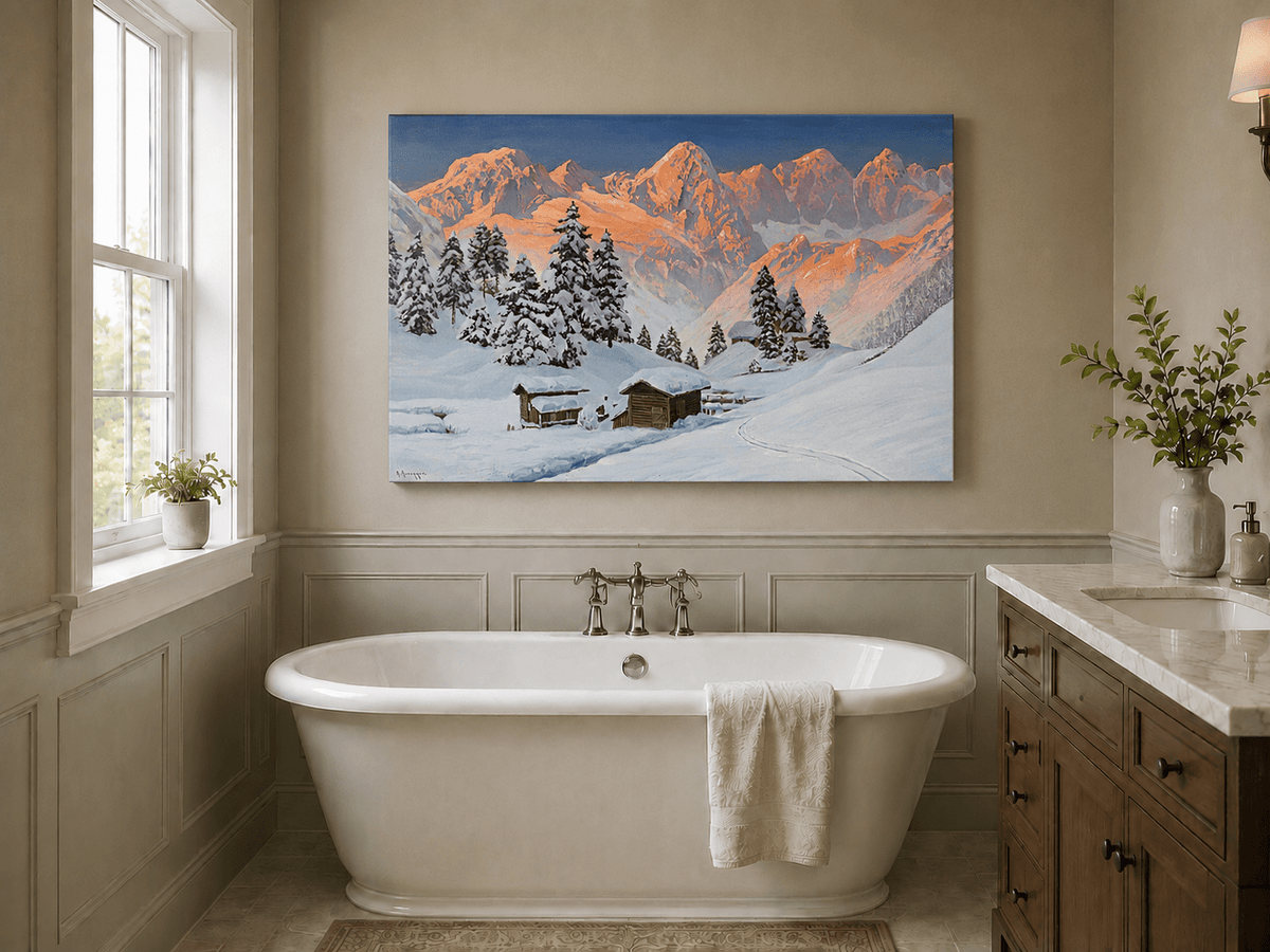 Peinture à l'huile de paysage - Cabanes de montagne enneigées au coucher du soleil