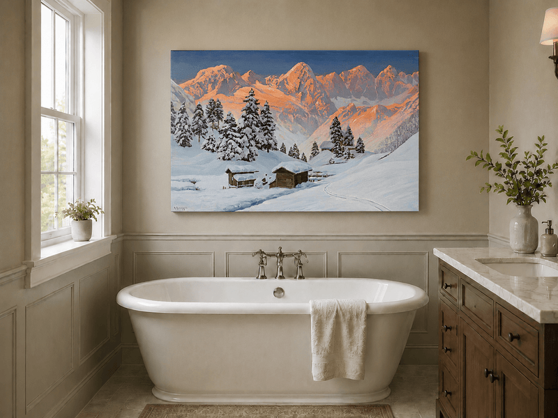 Peinture à l'huile de paysage - Cabanes de montagne enneigées au coucher du soleil