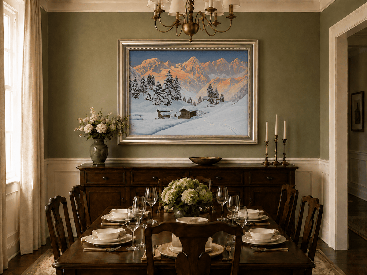 Peinture à l'huile de paysage - Cabanes de montagne enneigées au coucher du soleil