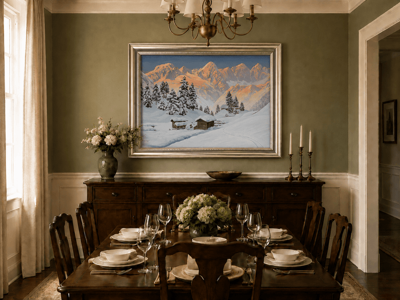 Peinture à l'huile de paysage - Cabanes de montagne enneigées au coucher du soleil