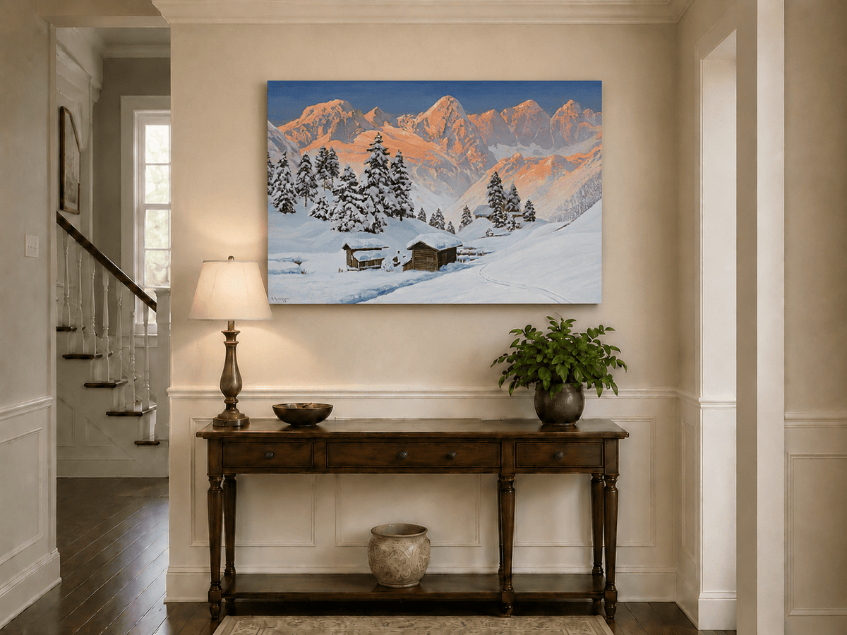 Peinture à l'huile de paysage - Cabanes de montagne enneigées au coucher du soleil