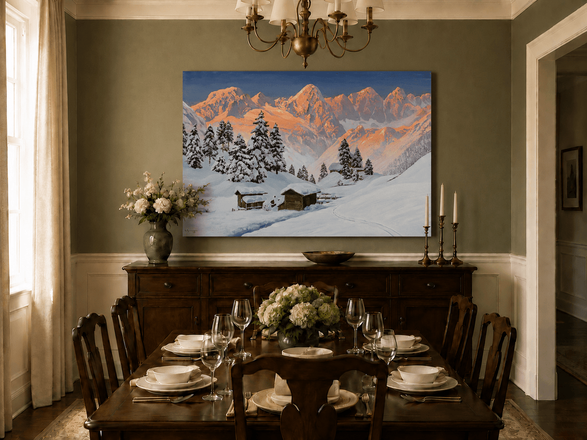 Peinture à l'huile de paysage - Cabanes de montagne enneigées au coucher du soleil
