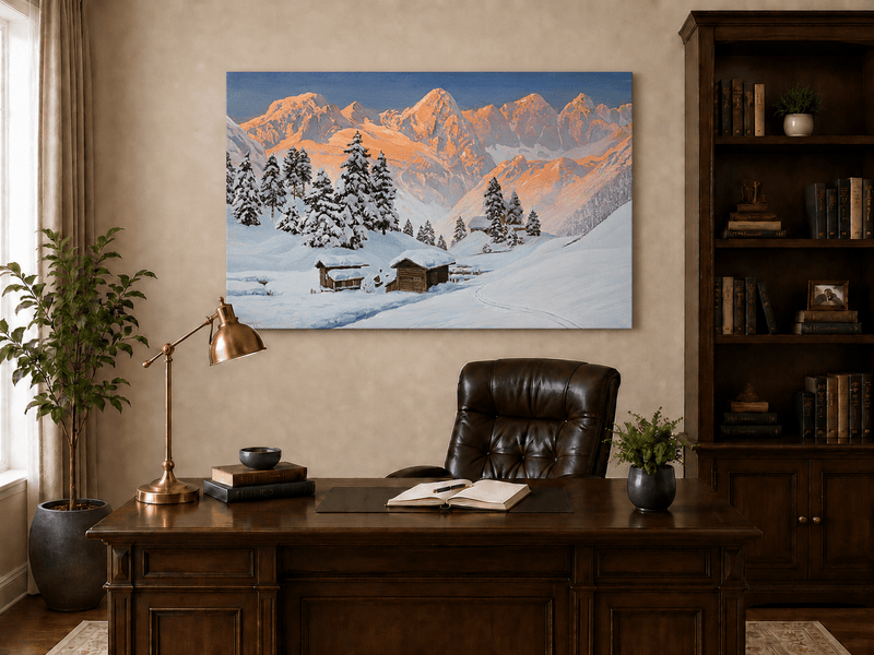 Peinture à l'huile de paysage - Cabanes de montagne enneigées au coucher du soleil