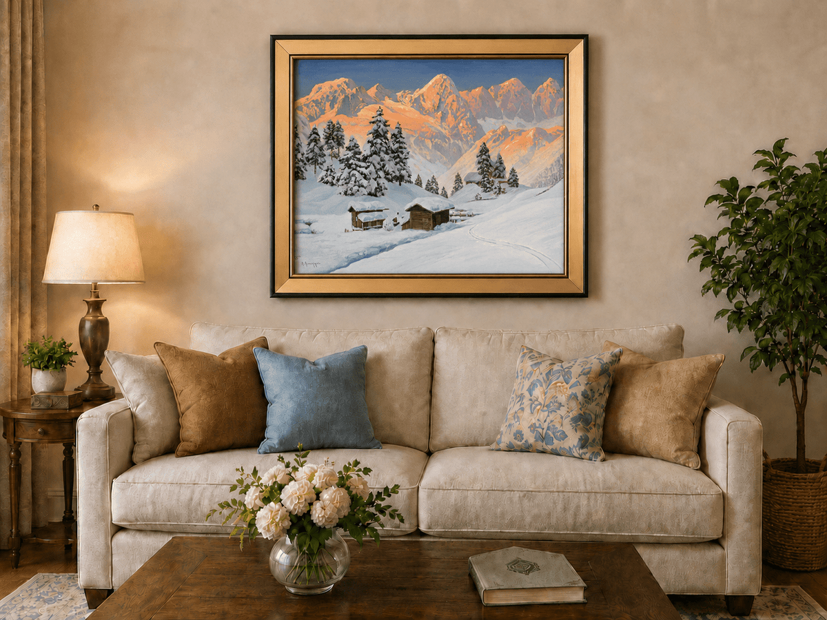 Peinture à l'huile de paysage - Cabanes de montagne enneigées au coucher du soleil