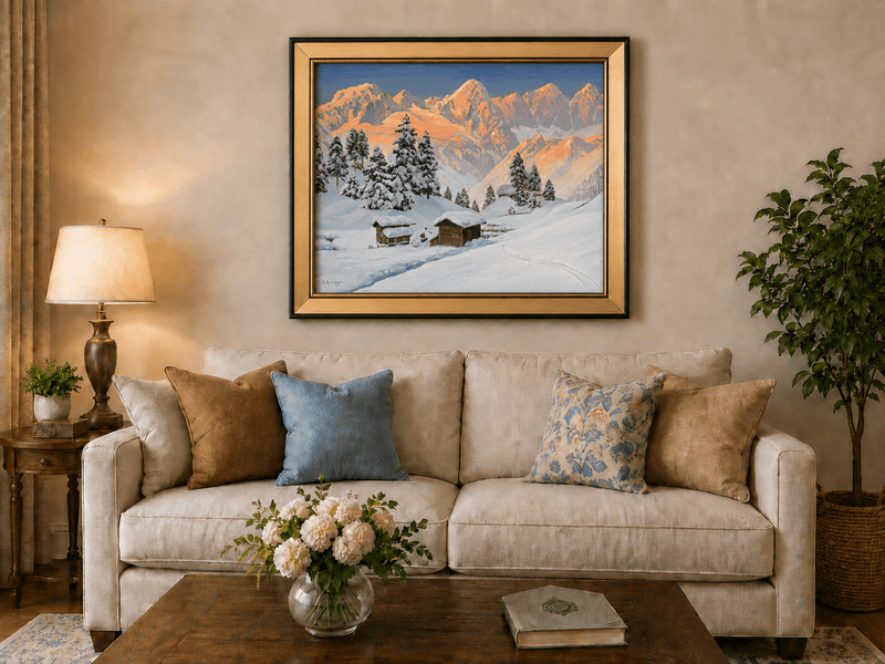 Peinture à l'huile de paysage - Cabanes de montagne enneigées au coucher du soleil