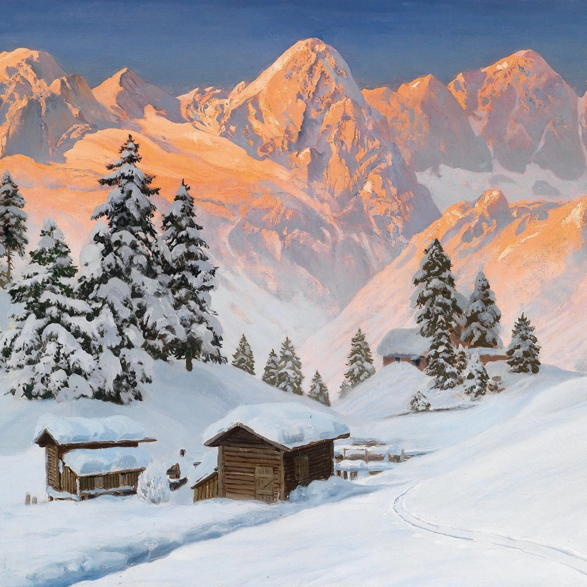 Landscape Oil Painting - Snowy Mountain Huts at Sunset - Oil Painting Haven