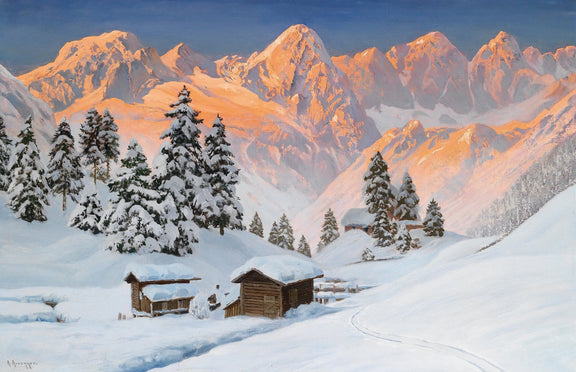 Landscape Oil Painting - Snowy Mountain Huts at Sunset - Oil Painting Haven