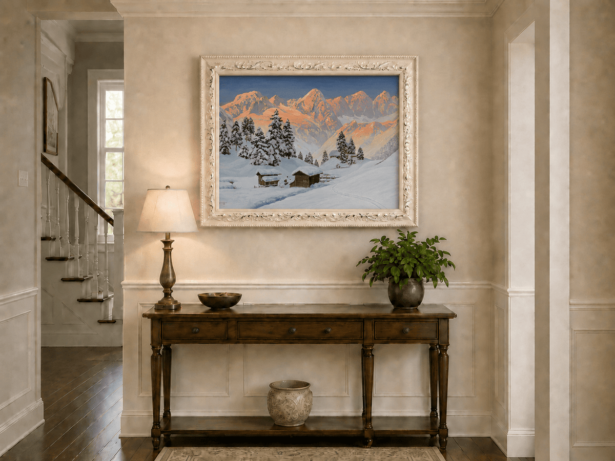 Peinture à l'huile de paysage - Cabanes de montagne enneigées au coucher du soleil