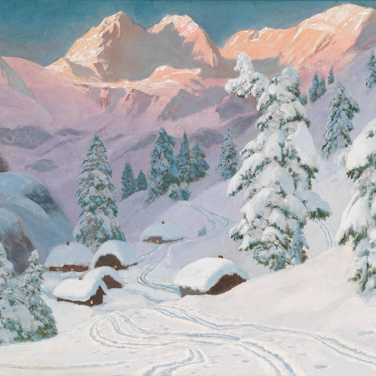 Landscape Oil Painting - Snowy Mountain Huts with Tracks - Oil Painting Haven