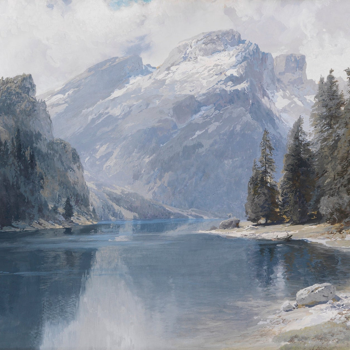 Hand-painted snowy mountain lake and pine forest landscape oil painting on canvas