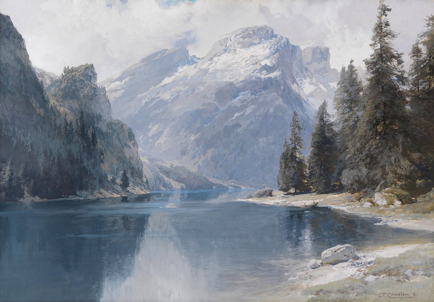 Hand-painted snowy mountain lake and pine forest landscape oil painting on canvas