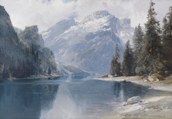 Hand-painted snowy mountain lake and pine forest landscape oil painting on canvas