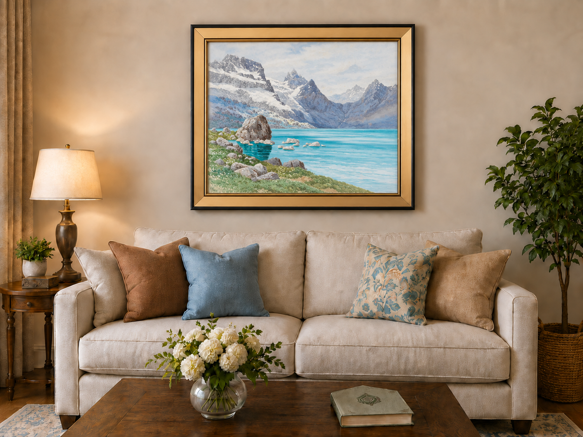 Hand-painted Snowy Mountain Lake in Alpine View landscape oil painting displayed as wall art in a styled interior