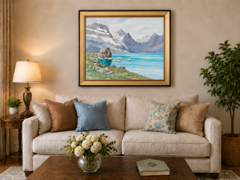 Hand-painted Snowy Mountain Lake in Alpine View landscape oil painting displayed as wall art in a styled interior