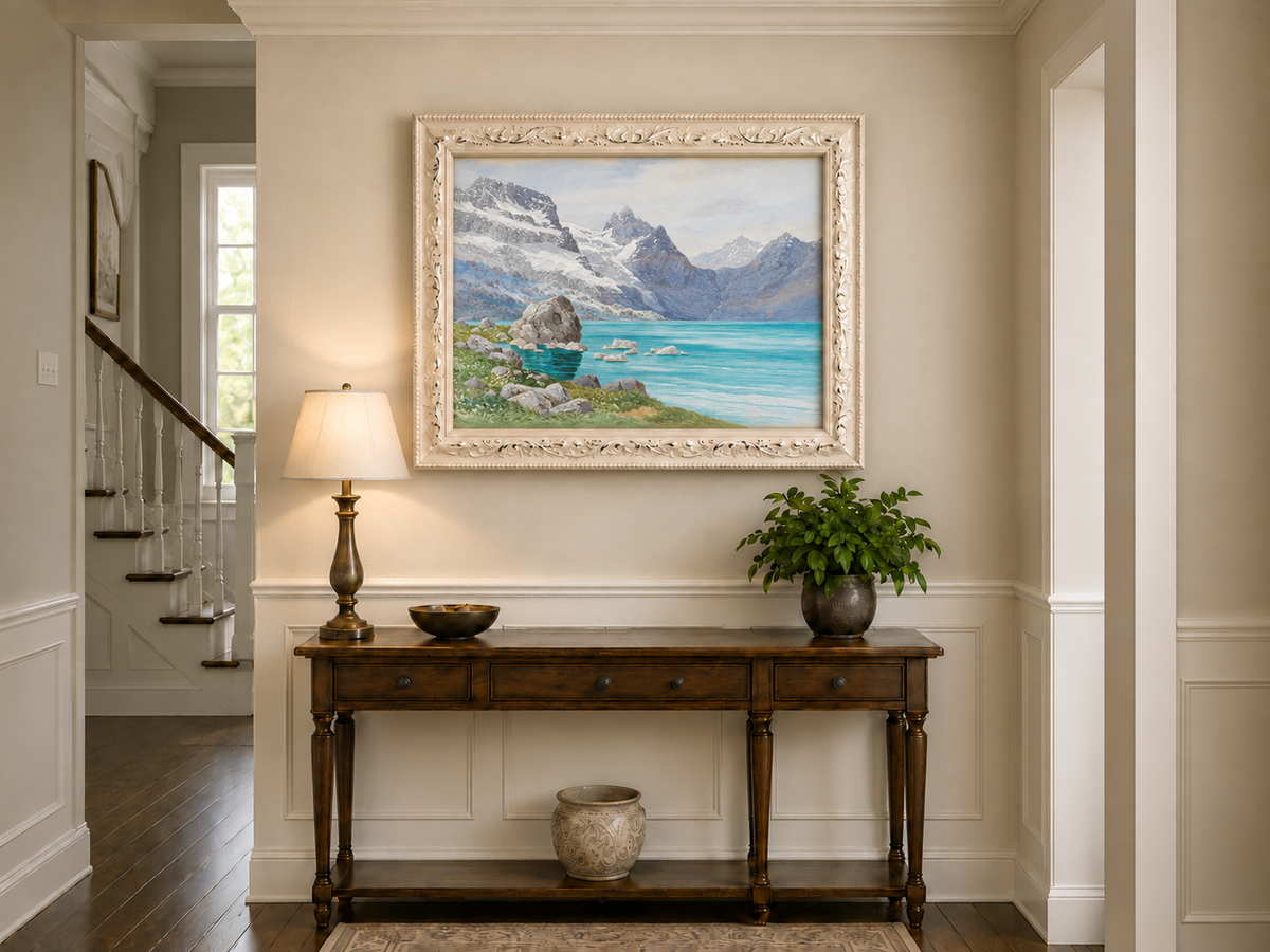 Hand-painted Snowy Mountain Lake in Alpine View landscape oil painting displayed as wall art in a styled interior