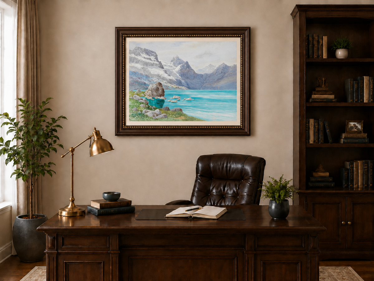 Hand-painted Snowy Mountain Lake in Alpine View landscape oil painting displayed as wall art in a styled interior