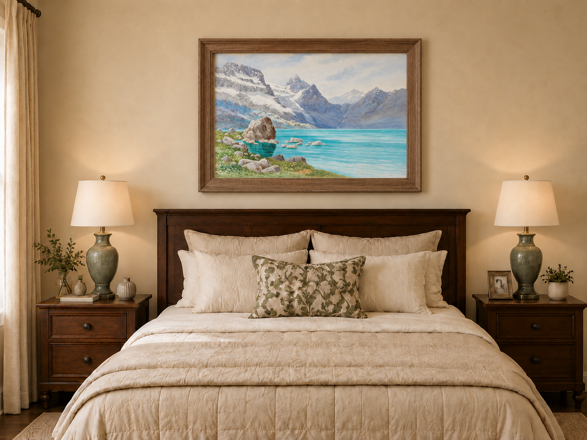 Hand-painted Snowy Mountain Lake in Alpine View landscape oil painting displayed as wall art in a styled interior